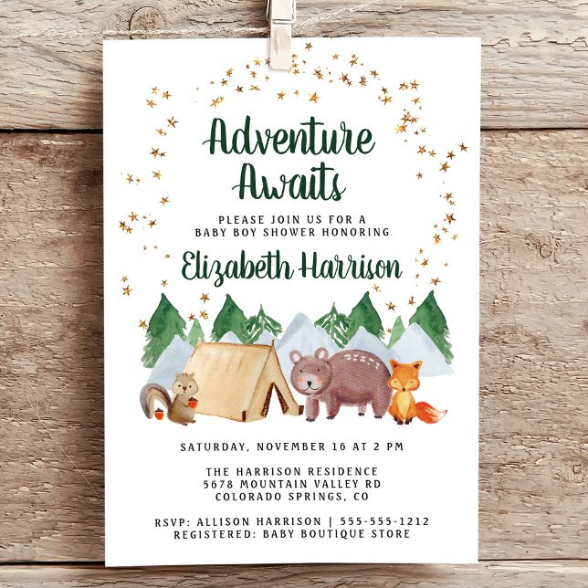 Rustikale Woodland Animals Adventure Baby Dusche Einladung (Embrace your upcoming adventure with a super cute baby shower invitation)