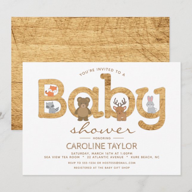 Rustikale Woodland Animals Kinderdusche Einladung (Vorne/Hinten)