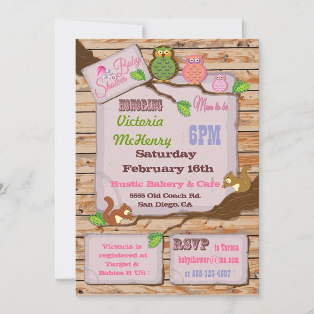 Rustikale Woodland Baby Girl Dusche Einladungen (Vorderseite)