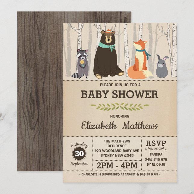 Rustikale Woodland Baby Shower Forest Animes Einladung (Vorne/Hinten)