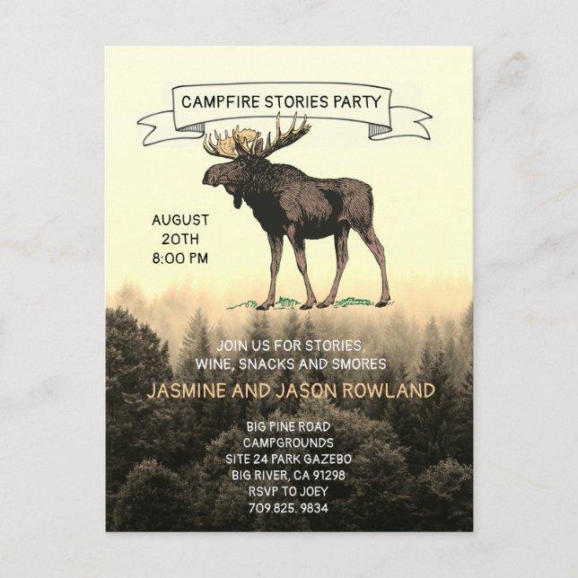 Rustikale Woodland Elche Campfire Party Einladunge Postkarte (Vorderseite)