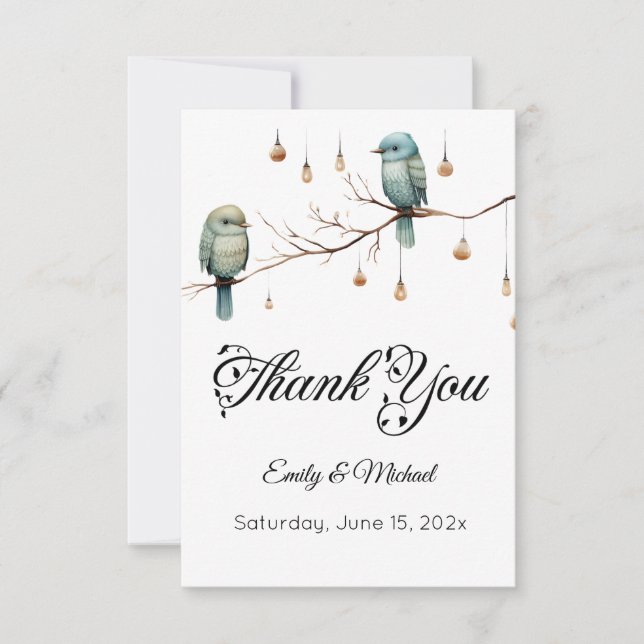 Rustikale Woodland Love Birds Romantische Hochzeit Dankeskarte (Vorderseite)
