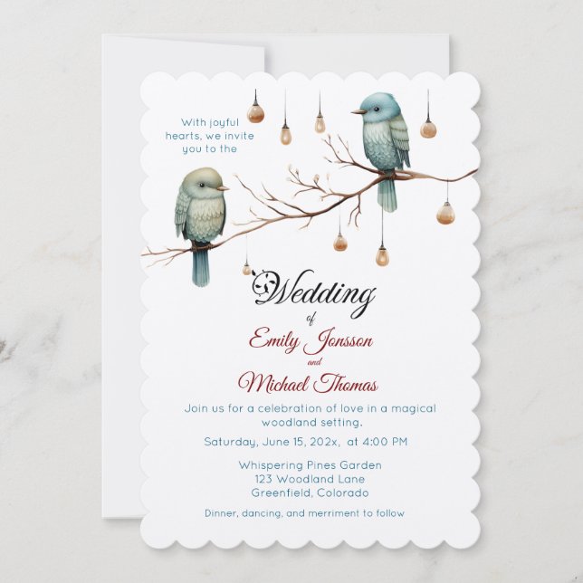 Rustikale Woodland Love Birds Romantische Hochzeit Einladung (Vorderseite)