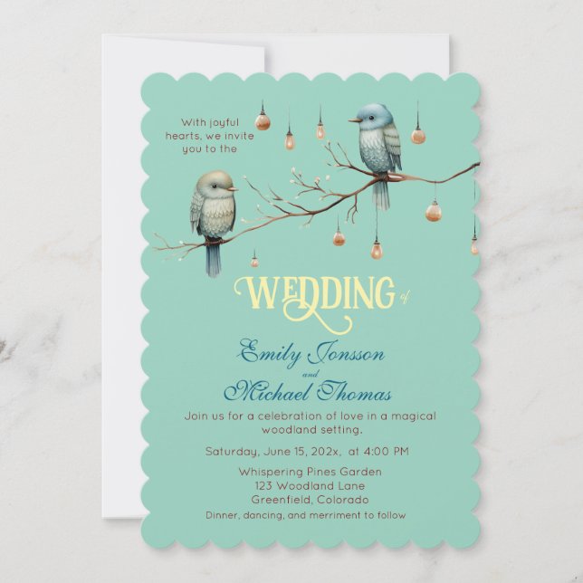 Rustikale Woodland Love Birds Romantische Hochzeit Einladung (Vorderseite)