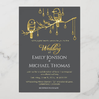 Rustikale Woodland Love Birds Romantische Hochzeit Folieneinladung