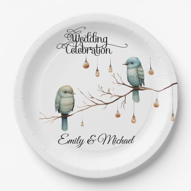 Rustikale Woodland Love Birds Romantische Hochzeit Pappteller (Vorderseite)