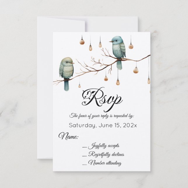 Rustikale Woodland Love Birds Romantische Hochzeit RSVP Karte (Vorderseite)