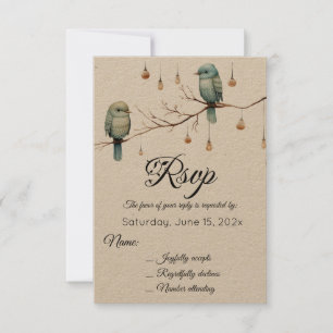 Rustikale Woodland Love Birds Romantische Hochzeit RSVP Karte