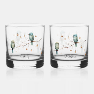 Rustikale Woodland Love Birds Romantische Hochzeit Whiskyglas