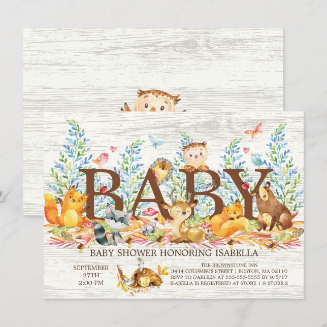 Rustikale Woodland Neutral Baby Dusche Einladung (Vorne/Hinten)