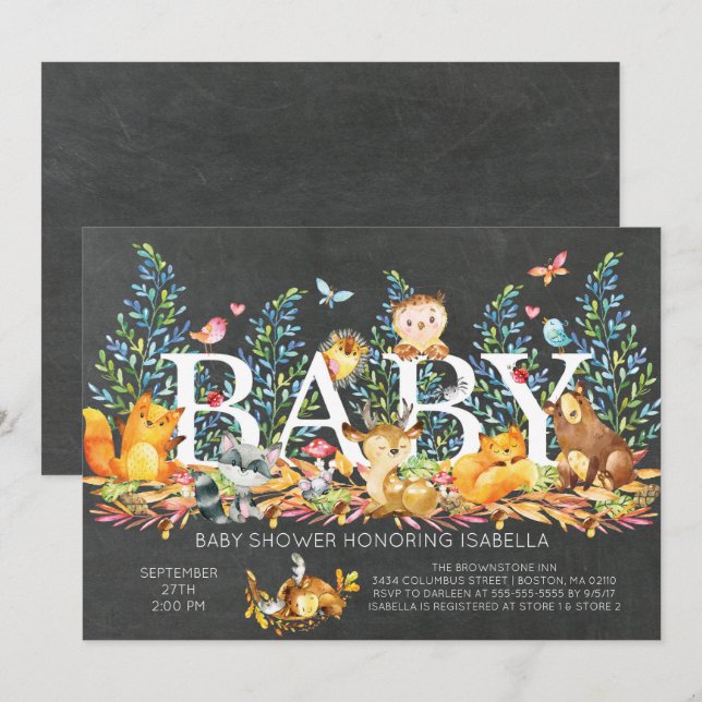 Rustikale Woodland Neutral Baby Dusche Einladung (Vorne/Hinten)