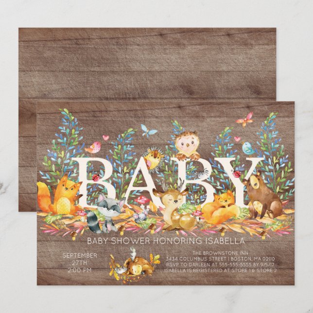 Rustikale Woodland Neutral Baby Dusche Einladung (Vorne/Hinten)