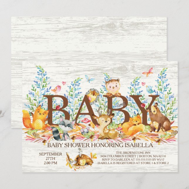 Rustikale Woodland Neutral Baby Dusche Einladung (Vorne/Hinten)