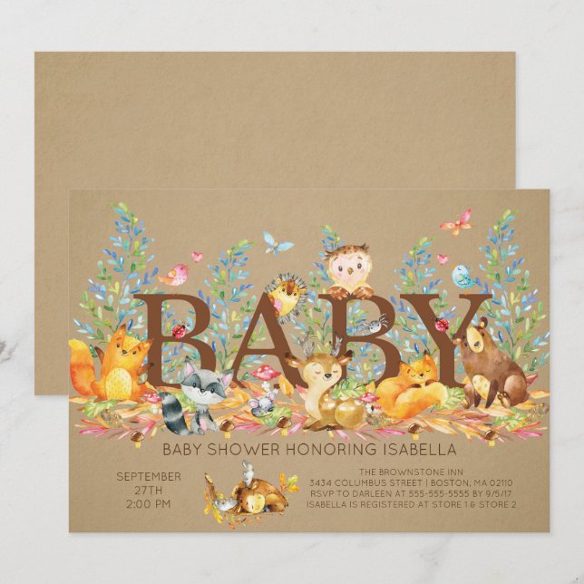 Rustikale Woodland Neutral Baby Dusche Einladung (Vorne/Hinten)