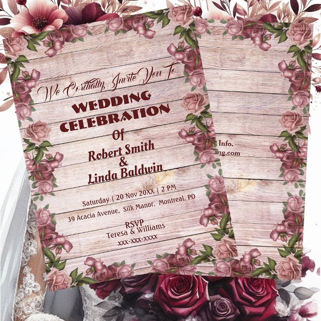 Rustikale Woodland-Rose Blumenlandhochzeit Einladung (Rustic Woodland Roses Floral Country Wedding Invitation)