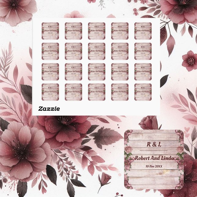 Rustikale Woodland-Rose Blumenlandhochzeit Quadratischer Aufkleber (Rustic Woodland Roses Floral Country Wedding Square Sticker)