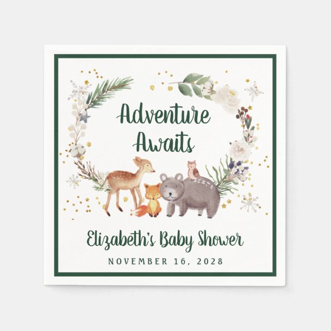 Rustikale Woodland-Tiere Winter Baby-Dusche Serviette (Vorderseite)