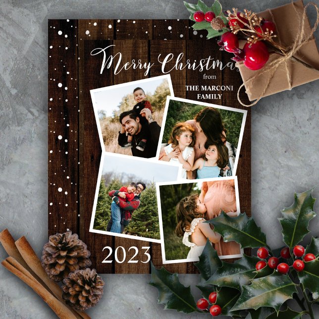 Rustikale Woodsy-Imitate Holz Frohe Weihnachten 4  (Wish them "Merry Christmas" in country rustic style with this faux wood 4-photo design!)