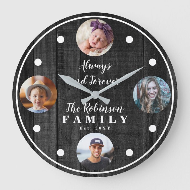 Rustikale Woodsy Vier-Foto-Familie mit Zitat Große Wanduhr (Vorderseite)