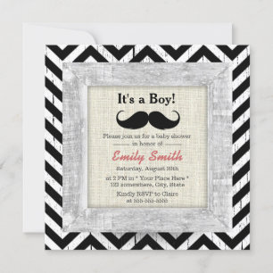 Rustikale Zickzack Streifen Mustache Boy Babydusch Einladung