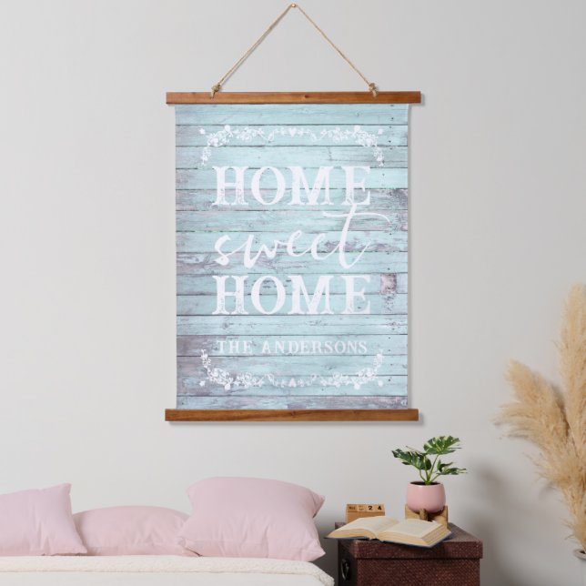 Rustikale Zuhause Sweet Zuhause | Familienname Wandteppich Mit Holzrahmen (Schlafzimmer)