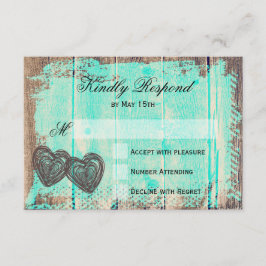 Rustikale Zwei-Herz-Wood-Aqua-Hochzeit-RSVP-Karten RSVP Karte