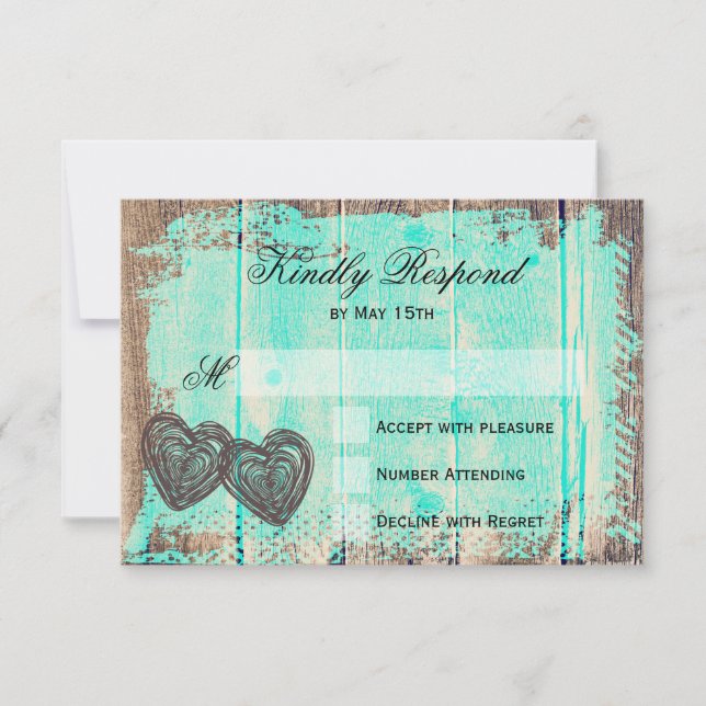 Rustikale Zwei-Herz-Wood-Aqua-Hochzeit-RSVP-Karten RSVP Karte (Vorderseite)