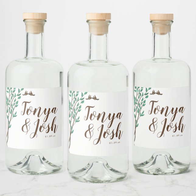 Rustikale Zweige und Grünliebensvögel Hochzeiten Alkoholflaschenetikett (Flaschen)