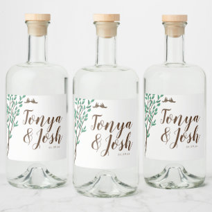 Rustikale Zweige und Grünzeug Liebesvögel Hochzeit Alkoholflaschenetikett