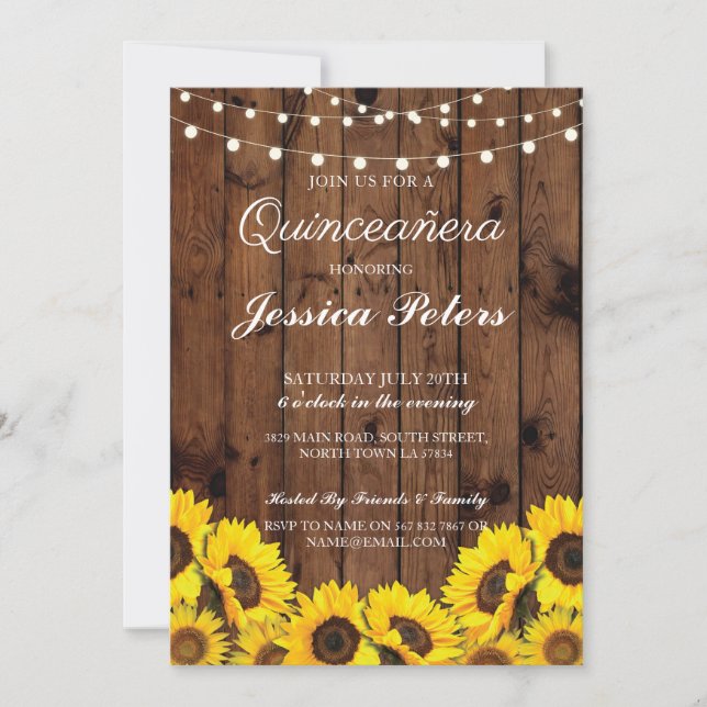 Rustikalen die Quinceanera Sonnenblume-hölzernen Einladung (Vorderseite)