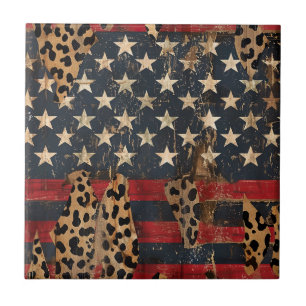 Rustikaler Amerikanischer Flaggen-Leoparden-Druck  Fliese