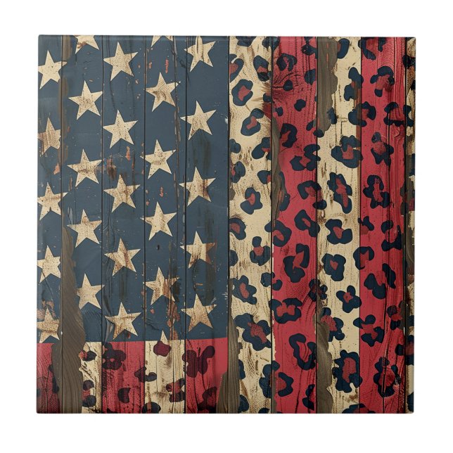 Rustikaler Amerikanischer Flaggen-Leoparden-Druck  Fliese (Vorderseite)