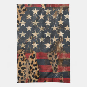 Rustikaler Amerikanischer Flaggen-Leoparden-Druck  Geschirrtuch