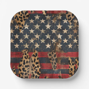 Rustikaler Amerikanischer Flaggen-Leoparden-Druck  Pappteller