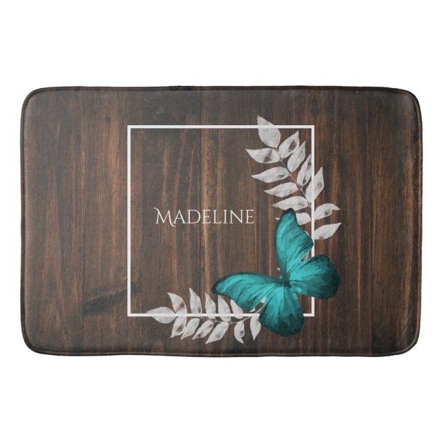 Rustikaler Aquamariner Schmetterling Personalisier Badematte (Vorderseite)