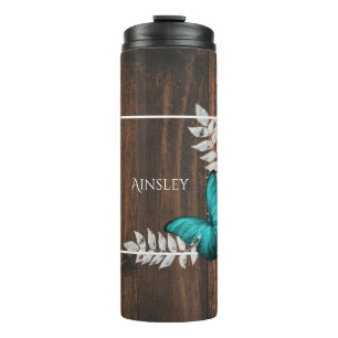 Rustikaler Aquamariner Schmetterling Personalisier Thermosbecher