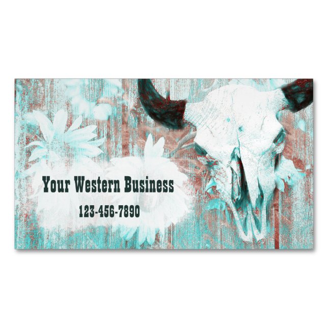 Rustikaler Aquamariner Western Bull Skull Sonnenbl Magnetische Visitenkarte (Vorderseite)
