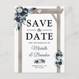Rustikaler Arch Dusty Blue Floral Save the Date Ankündigungspostkarte