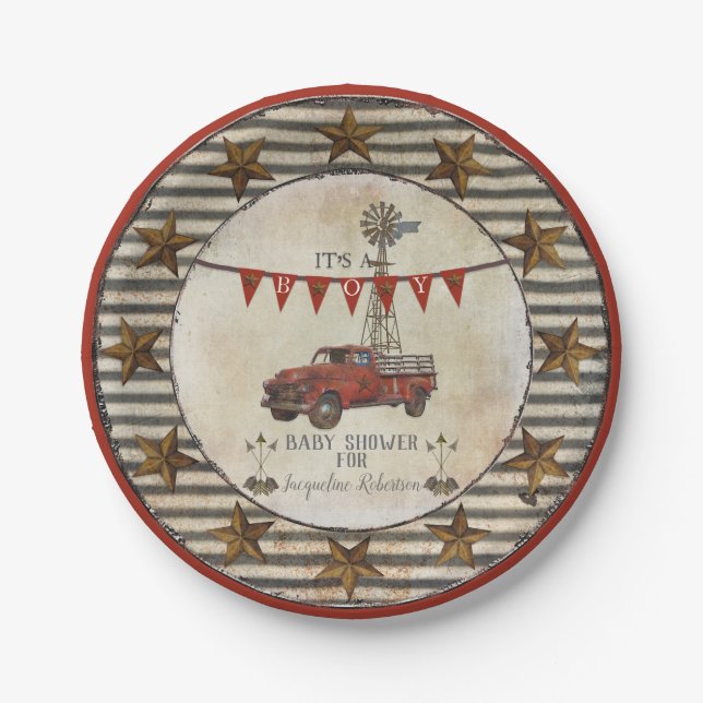 Rustikaler Baby-Duschen-Vintager Pappteller (Vorderseite)