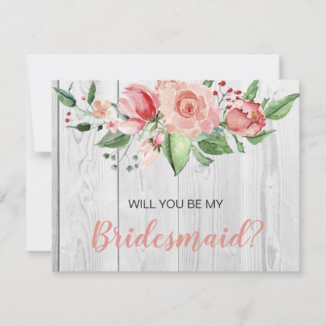Rustikaler Barnwood Blush Floral Bridesmaid Vorsch Einladung (Vorderseite)