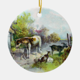 Rustikaler Barnyard mit Pferd und Ziegen Keramik Ornament