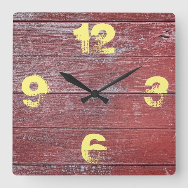 Rustikaler Barnyard Rot gestrichen Holz. Quadratische Wanduhr (Vorderseite)