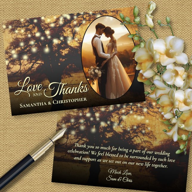 Rustikaler Baum mit Lights Foto & Note Wedding Dankeskarte (Front/Back)