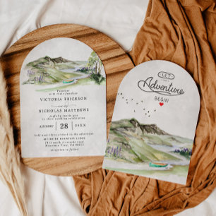 Rustikaler Bergwald Evergreen Tree Wedding Einladung