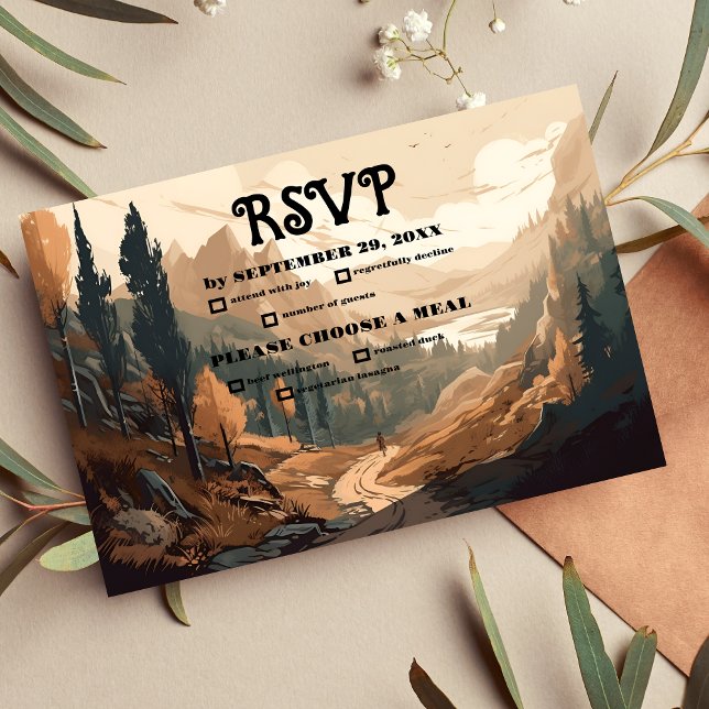 Rustikaler Bergwald Evergreen Wedding RSVP Karte (Von Creator hochgeladen)