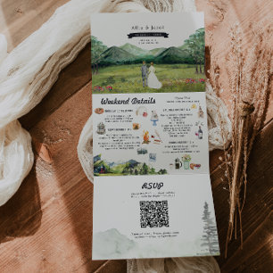 Rustikaler Bergwald   Illustrierte Hochzeit Dreifach Gefaltete Einladung