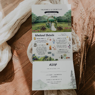 Rustikaler Bergwald Illustrierte Hochzeit Dreifach Gefaltete Einladung