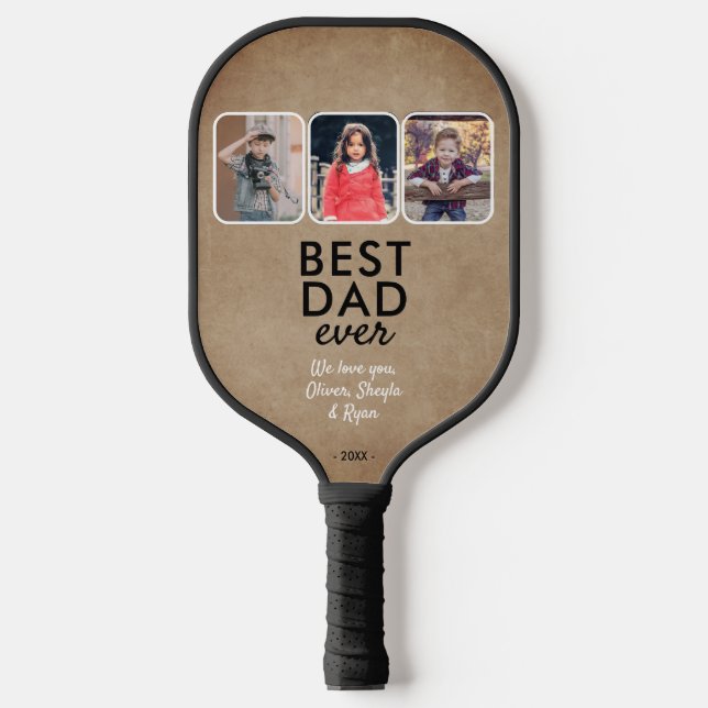 Rustikaler bester Vater je 3 Kinder FotoCollage Pickleball Schläger (Vorderseite)