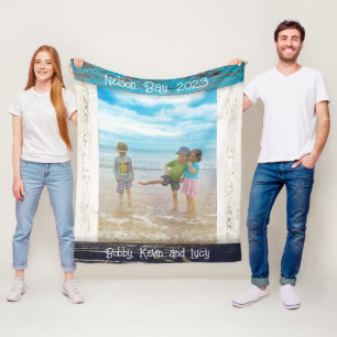 Rustikaler Blau-Weiß-Strand-Holz-Fotorahmen Fleecedecke