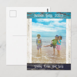 Rustikaler Blau-Weiß-Strand-Holz-Fotorahmen Postkarte